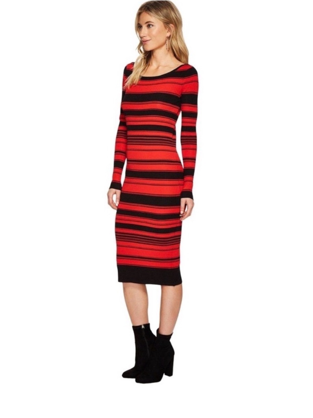 EUC BB Dakota Red & Black Striped Long Sleeve Midi Dress Size Small